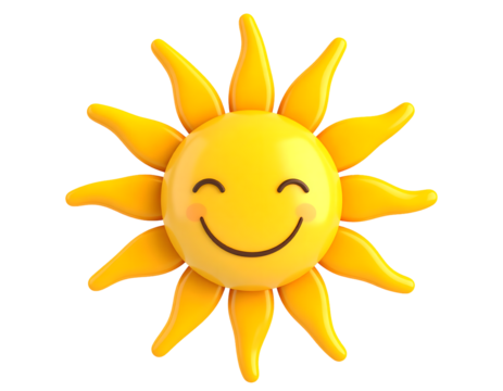 Happy cartoon sun with a big smile and wavy yellow rays isolated on transparent background
