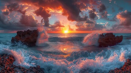 Vivid ocean sunset waves crash over rocks, vibrant sky ablaze with orange, pink, and teal hues