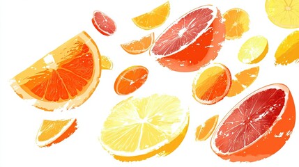 Obraz premium Vibrant citrus fruit slices, oranges, grapefruits, and lemons, float against a stark white background in a dynamic, painterly style. The image evokes freshness and juiciness