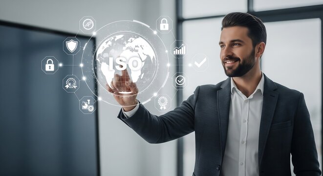 Smiling businessman interacts with holographic ISO globe interface displaying security & quality symbols. Corporate setting.