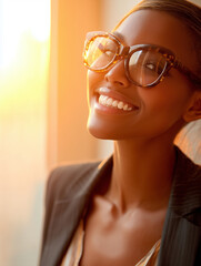 Smiling businesswoman in glasses and suit, confidently starting her day at sunrise