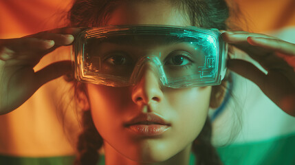 Young Indian girl wearing high-tech goggles with Indian flag in the background representing Independence Day and Republic Day.
