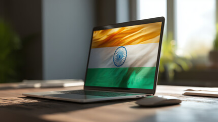 Laptop screen displaying Indian flag on desk during Independence Day