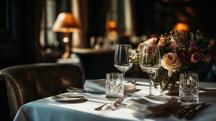 Elegant restaurant table setting with crystal glasses and floral centerpiece