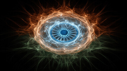 Glowing Ashoka Chakra surrounded by saffron, white, and green light for Independence Day
