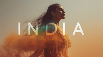 Empowered Indian woman draped in golden fabric standing tall with INDIA written boldly across tricolor dust cloud