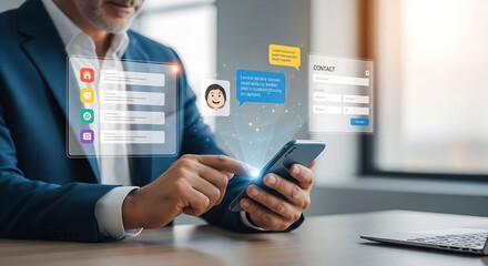 Man in a suit interacts with holographic UI on his smartphone. It shows chat bubbles, contact form, and app-like icons. Modern tech and digital communication.