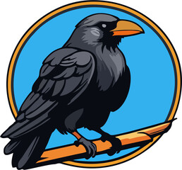 Fototapeta premium Cartoon Crow Perched on Branch – Bold Vector Illustration with Blue Circle Background