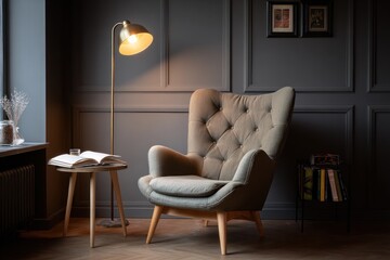 Cozy room with armchair, lamp, and books