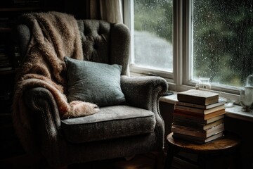 Cozy armchair by window, rainy day (1)