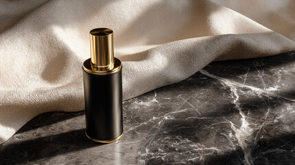 Black and gold luxury bottle mockup on marble surface