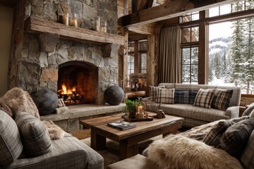 Cozy rustic living room with fireplace and mountain view