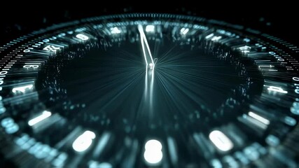 A circular clock design featuring luminous hour and minute hands animated to emphasize the passage of time while translucent binary code cascades around it evoking a sense of continuous - Powered by Adobe