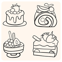 Delicious Dessert Cakes and Pastries Outline Set for Coloring