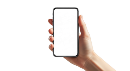 Hand holding a modern smartphone with a blank white screen PNG for design templates