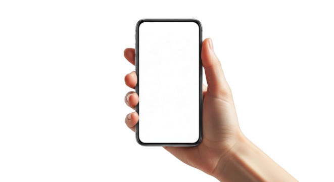 Hand holding a modern smartphone with a blank white screen PNG for design templates - Powered by Adobe