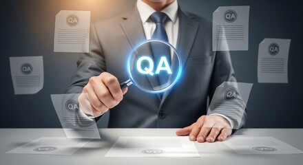 A man in a suit holding a magnifying glass, focusing on QA text, surrounded by documents marked QA. Represents quality assurance/control process.