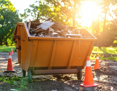 Orange dumpster full of debris in park