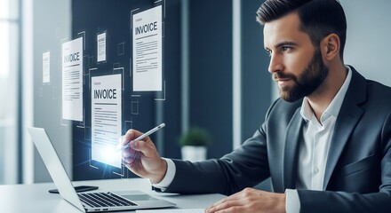 Businessman working on laptop, digitally signing invoices. Modern office setting, focused on digital document management & financial transactions.