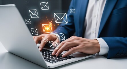 Man typing on a laptop with email icons floating above the keyboard. Suggests digital communication, notifications, and business correspondence.