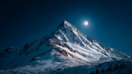 Obraz premium Snow Mountain Peaks Glows under Moon. Ethereal landscape shows majestic peak under moonlight. Ideal for travel blogs, inspirational content, marketing and design.