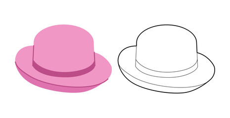 Bowler Derby Hat with band. Head Fashion accessory cap with narrow brim clothing technical illustration. Vector headgear for Men, women, unisex style, flat template CAD mockup sketch outline isolated