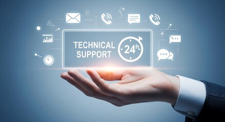 Hand holding a Technical Support 24h graphic. Icons representing communication & data analysis surround it. Blue background. Represents customer service.