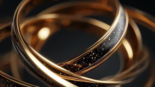 An artistic arrangement of intertwined golden rings rotating slowly to create dynamic patterns of light and shadow enhancing their intricate designs and emphasizing a theme of elegance