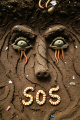 Erosion of farm soil creates screaming faces. Valleys as teardrops. Plastic remnants as strange ornaments. Dying earthworms spell out "SOS." A surreal environmental art style. - 1