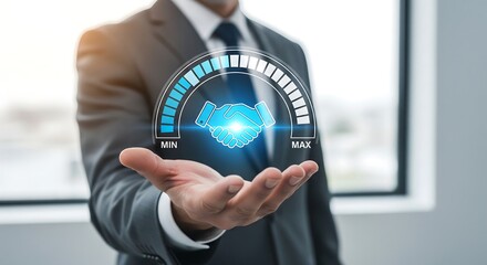 Businessman holding a glowing handshake icon with a progress meter. Depicts partnership, deal making, success, and achievement in business.