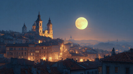 Nighttime cityscape with illuminated buildings and full moon casting a serene glow over rooftops