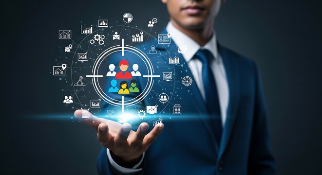 Man in a suit presents a targeted group icon floating above his hand. Digital icons surround it, representing data, analytics, and various business functions.