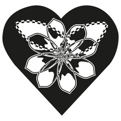 Outlined flower shape. Petal symmetry art. Black heart graphic. Vector floral symbol.