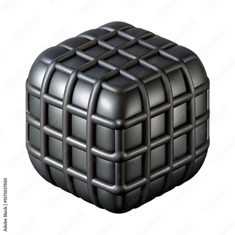 Fototapete abstract 3d rendered metallic cube shape with a gridded pattern against a black background