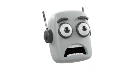 3D Gray Robot Head with Shocked Expression on Transparent Background