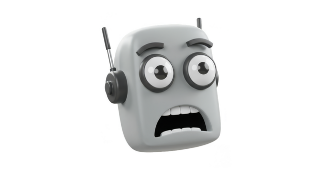 3D Gray Robot Head with Shocked Expression on Transparent Background