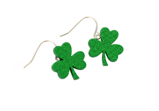 Isolated Green Clover Earrings with Glitter for St Patricks Day