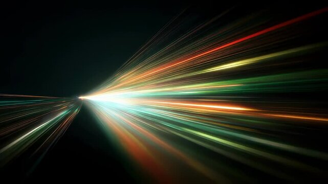 Dynamic array of colorful light beams expanding from a single point embodying speed and technological progression. Great for use in creative projects emphasizing innovation and forward