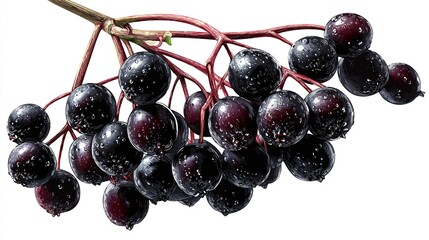 A cluster of dark, glistening berries, plump and wet, hang from reddish-brown stems against a stark white background; small droplets cling to their surfaces, suggesting recent moisture
