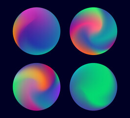 Vector illustration in a modern, abstract style features glowing spheres with neon gradients. Vivid orange, green, blue, purple, and pink swirl in soft circular shapes against a dark background.