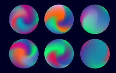 Vector illustration in a modern, abstract style features glowing spheres with neon gradients. Vivid orange, green, blue, purple, and pink swirl in soft circular shapes against a dark background.