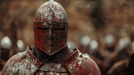 Bloodied knight in armor stands before battle, helmeted, mail visible, with blurred figures behind in rain
