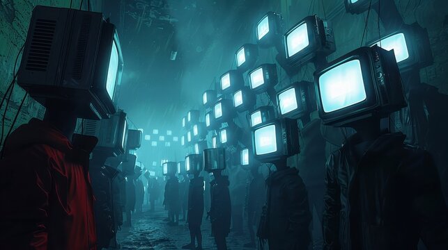 Surreal scene of figures with TV heads standing in a dark, foggy, urban environment