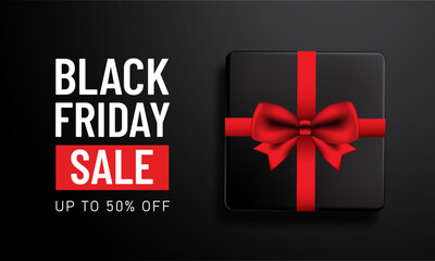 Black Friday Sale Text Over Black Background And Black Gift Box with Red ribbon bow. Suitable For Black Friday Business Holiday