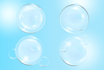 Water serum texture. Liquid gel drops. Clear  cosmetic oil with bubbles circle set isolated