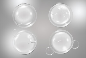 Water serum texture. Liquid gel drops. Clear  cosmetic oil with bubbles circle set isolated