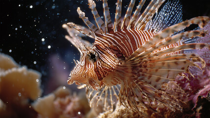 鮮やかに鋭いトゲを広げたハナミノカサゴの姿