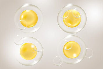 Water serum texture. Liquid gel drops. Clear  cosmetic oil with bubbles circle set isolated