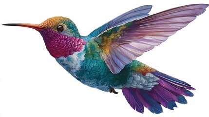 Vibrant hummingbird in flight, detailed colorful plumage