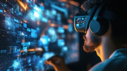 Individual using virtual reality headset experiencing a digital environment.